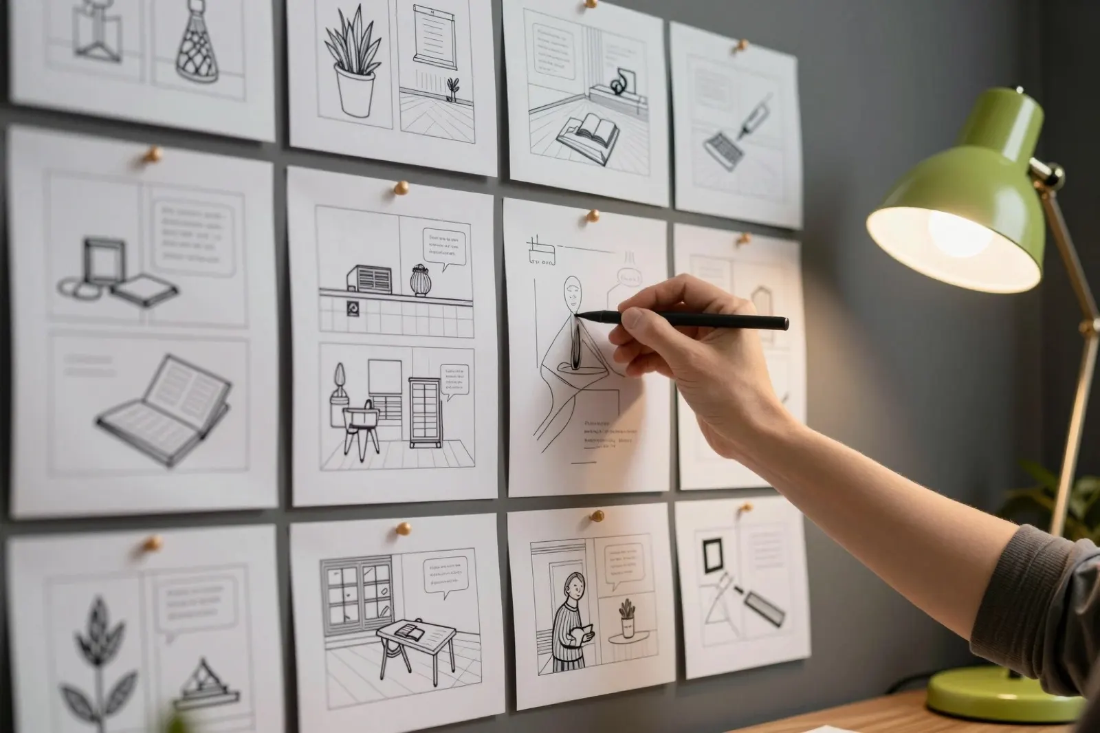 Storyboard disegnato a mano appeso al muro dello studio